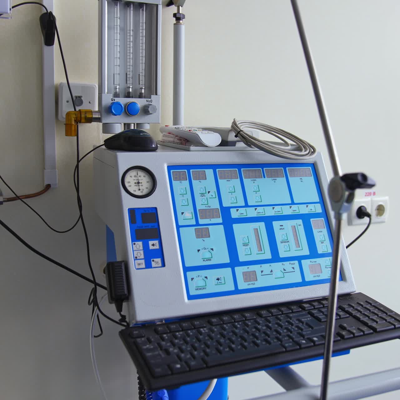 Emergency medical equipment indoors. Empty modern hospital room