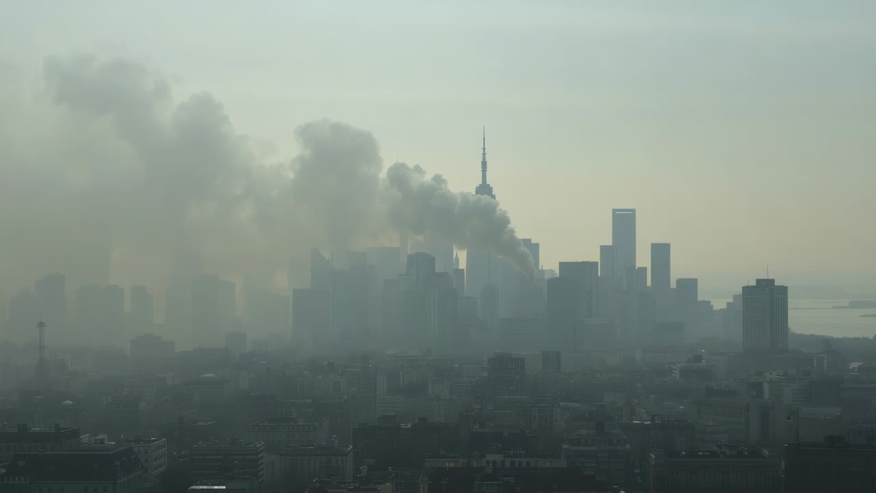Billowing smoke plume rising from building fire over downtown skyline, obscuring spire and harbor