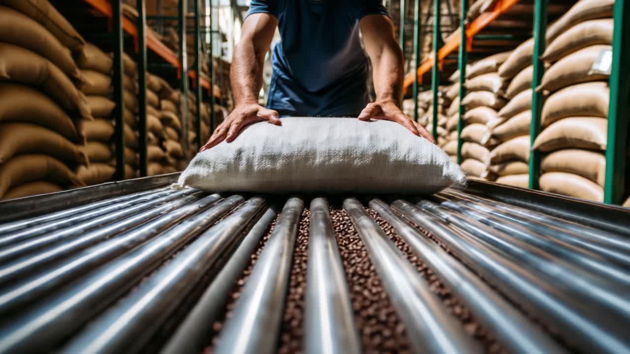 A worker carefully places a bag of materials on a processing conveyor in a warehouse filled with stacked burlap sacks, ensuring efficient movement along the conveyor belt