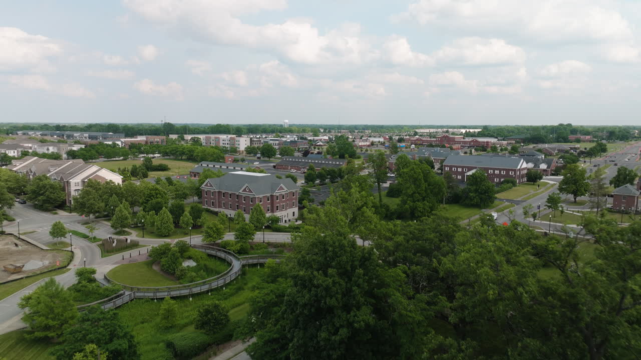 Residential district in Lawrence, Kansas, USA, aerial drone view, day, dolly in