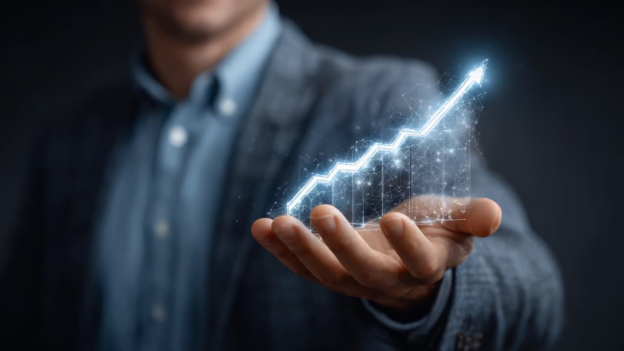 A Corporate Professional Showcases a Rising Growth Chart with Digital Graphics, Illustrating Financial Success and Business Progress in a Futuristic Context