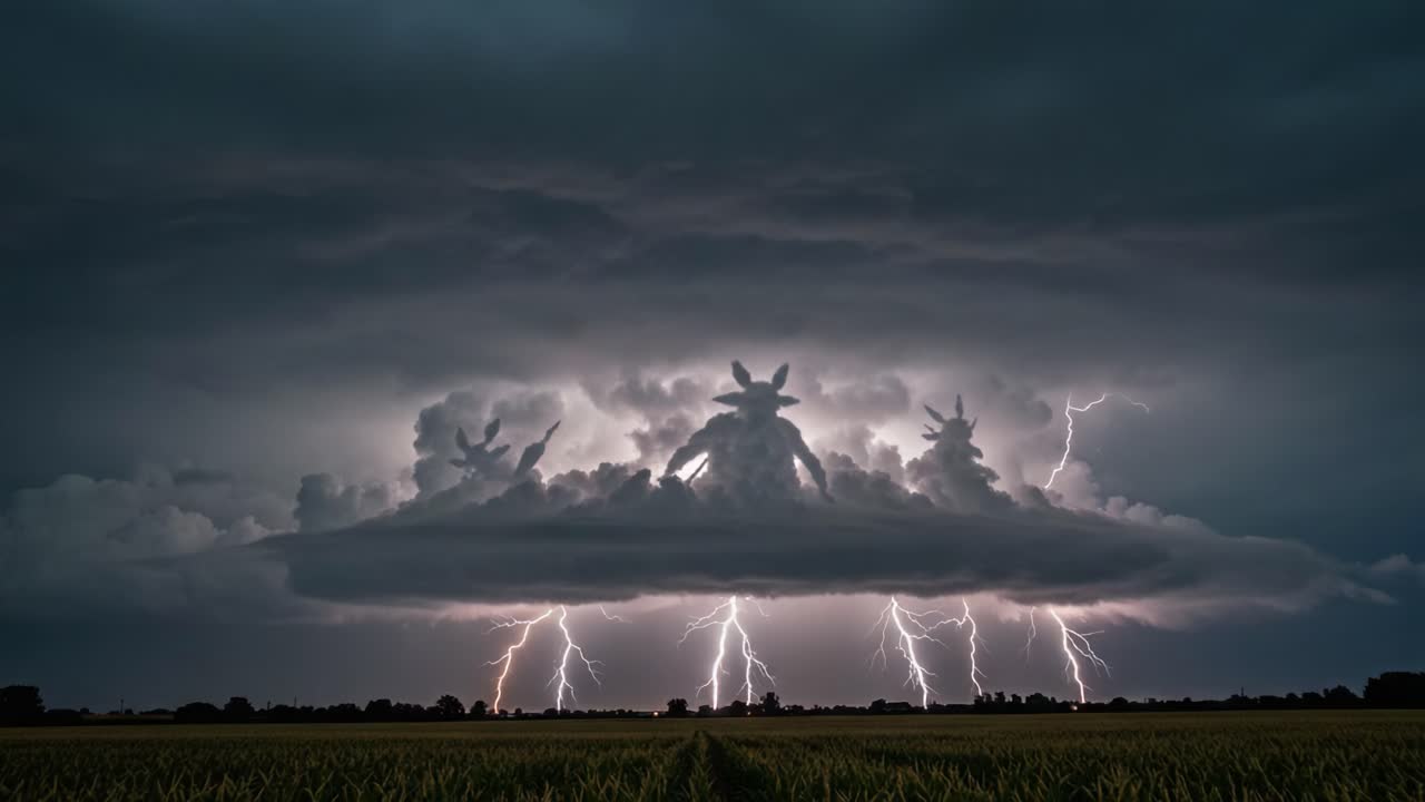 Epic Lightning Storm Showcasing Dramatic Cloud Formation with Electrifying Lightning Strikes in a Dark Sky Over a Lush Green Field