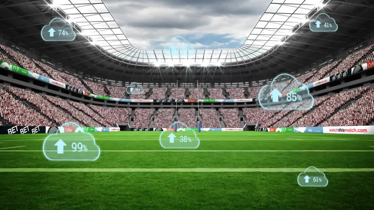 Digital cloud data and statistics overlay on soccer stadium field animation