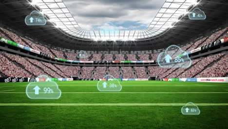 digital cloud data and statistics overlay on soccer stadium field animation
