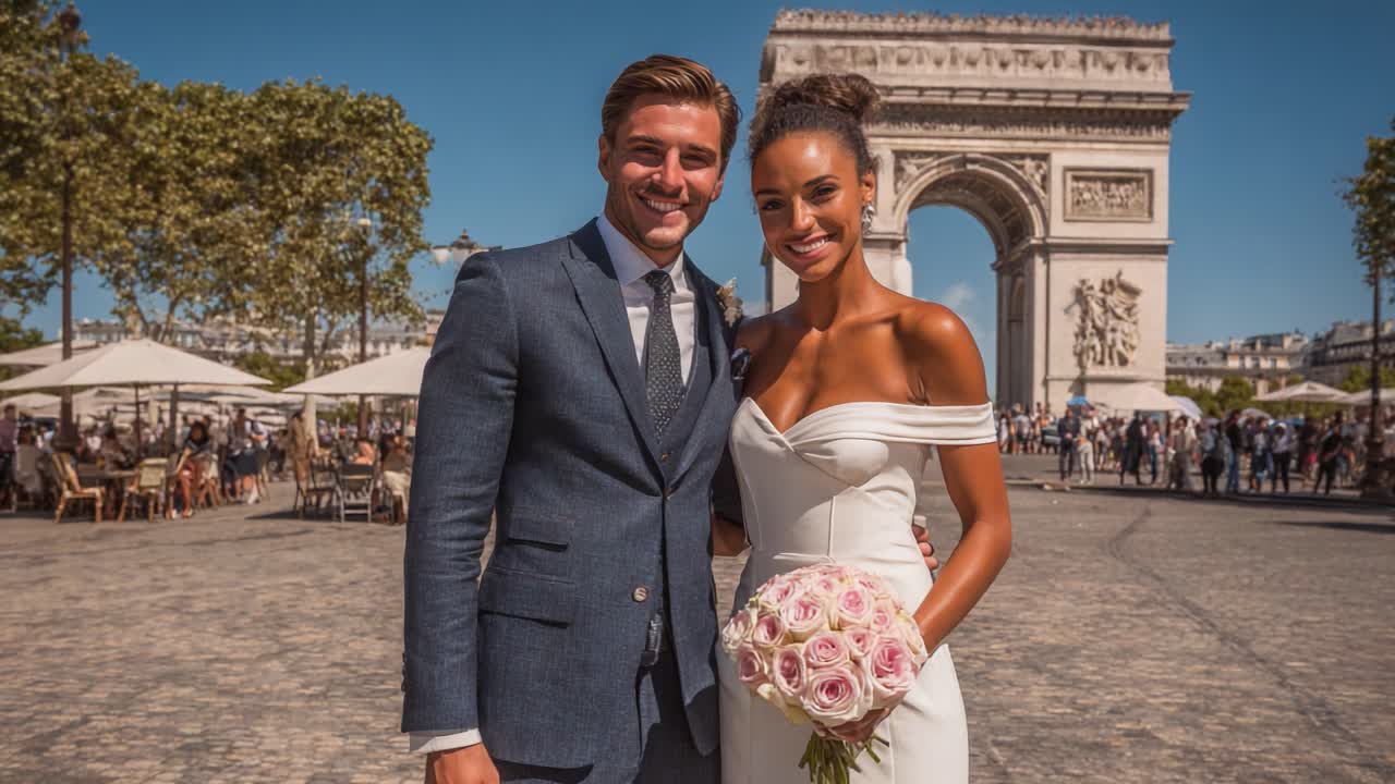 Uma alegre celebração de casamento em um ponto turístico icônico: um belo casal posa junto sob o arco, irradiando amor e felicidade em um cenário deslumbrante ao ar livre