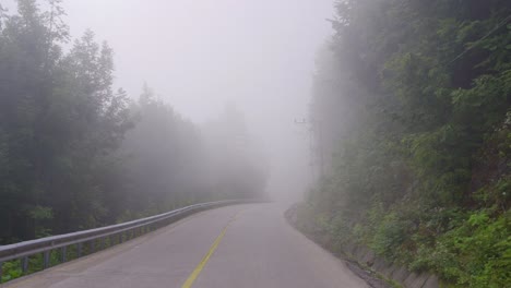 foggy asphalt road.