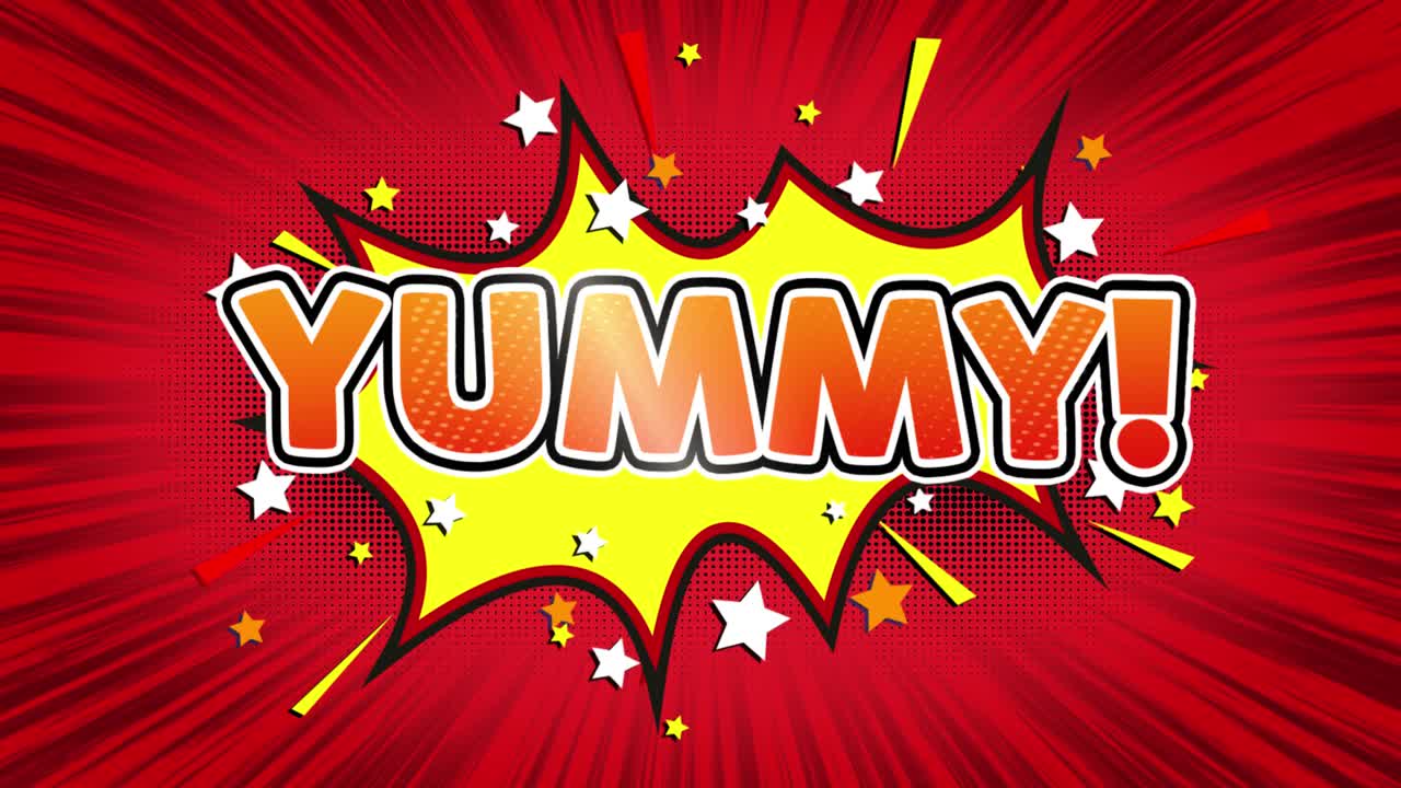 Yummy text pop art style expression retro comic bubble expression cartoon illustration isolated flat