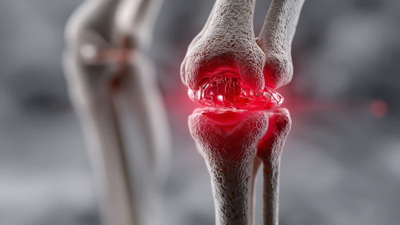 Dynamisk visualisering af et menneskeligt knæled under stress og inflammation, der illustrerer effekterne på brusk og omkringliggende strukturer i en detaljeret medicinsk oversigt