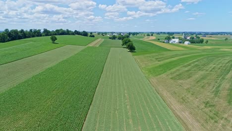 an aerial view of the farm countryside with planted fields and pastures on a beautiful sunny day