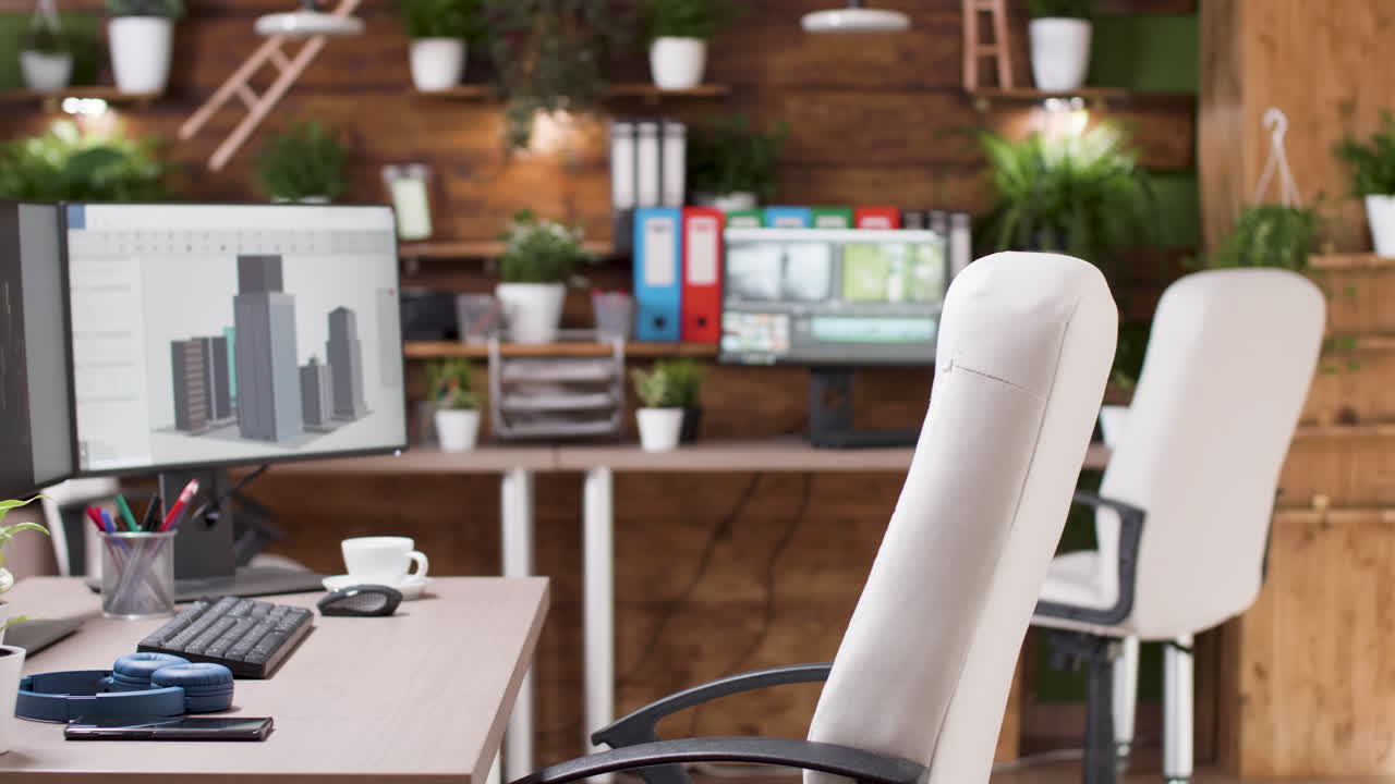 Spazio ufficio con computer e piante da interno