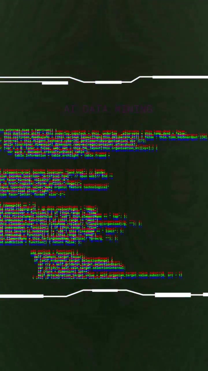 Animation of glitching interface ai data mining and blue lights on dark background