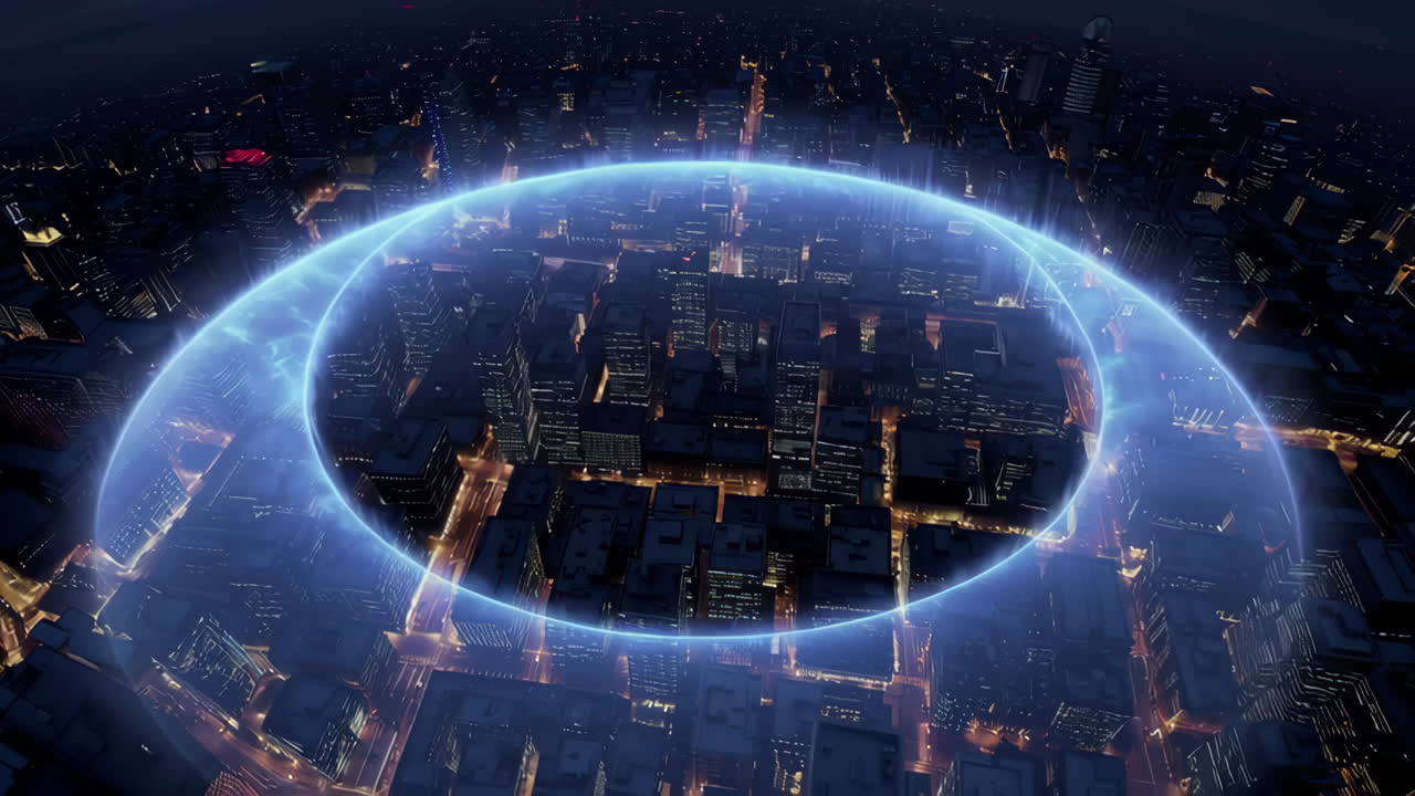 City Protected by Energy Field at Night