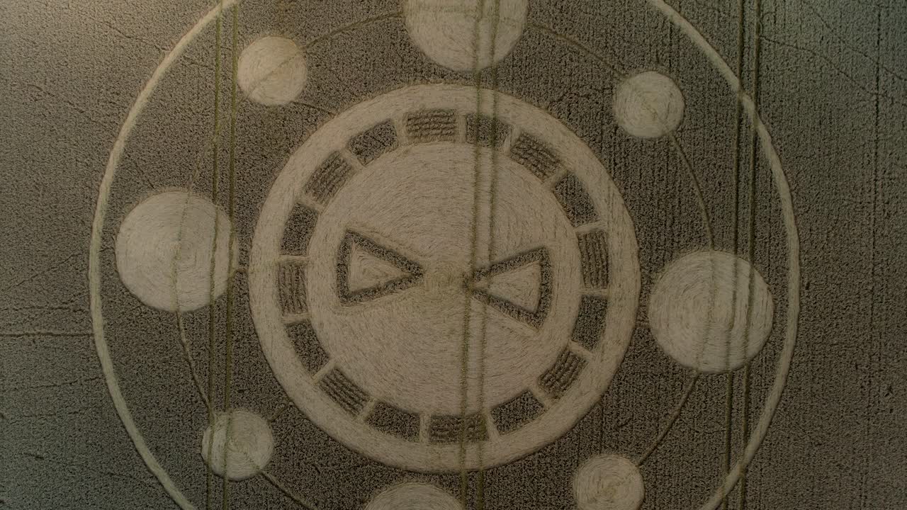 swarraton 보리밭 기하학적 작물 원형 패턴 햄프셔 시골 위의 공중 상승 버드 아이 무인 항공기보기