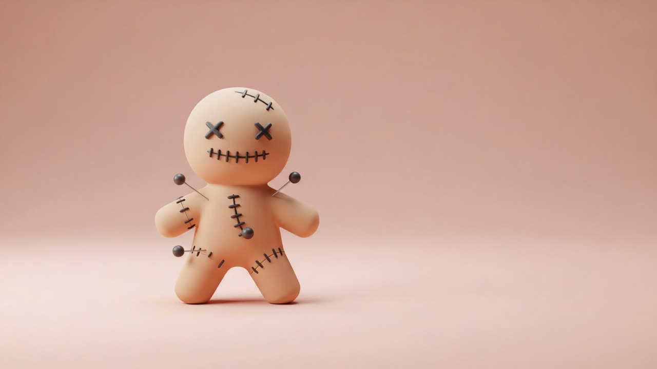 A Charming Voodoo Doll Character Standing on a Soft Pink Background, Embodying Mystique, Tradition, and Cultural Significance While Capturing Attention and Curiosity