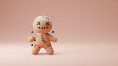 a charming voodoo doll character standing on a soft pink background, embodying mystique, tradition, and cultural significance while capturing attention and curiosity