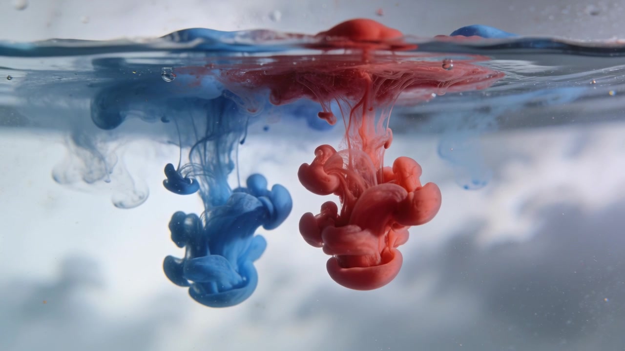 Gocce rosse e blu che cadono, formando pennacchi discendenti e mescolandosi in un becher di vetro trasparente, per gravità.
