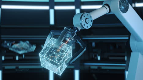 mechanical arm and cube in a futuristic room, 3d rendering.