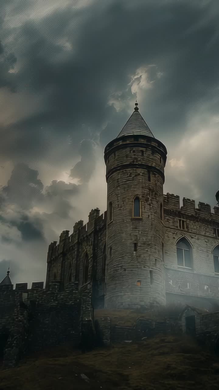 Vertical video: Camera tilting, zooming toward castle spire on hillside, with fog, swirling clouds