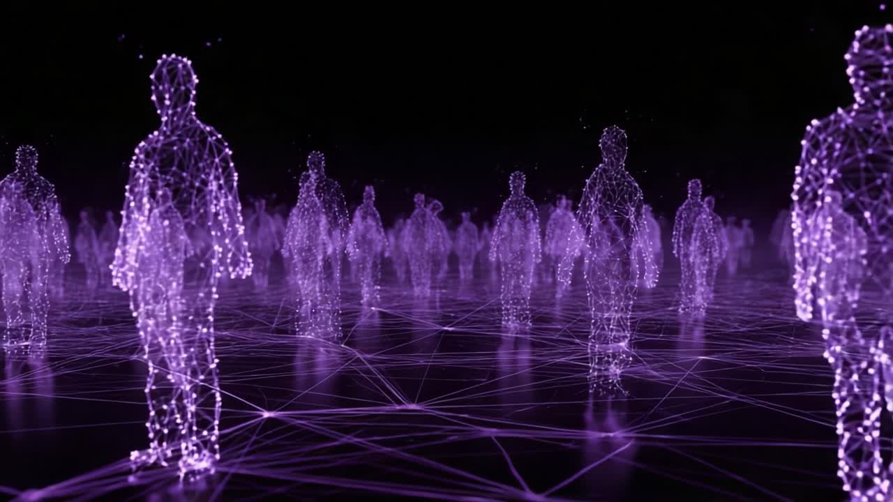 A stunning visualization of a digitally connected community represented by glowing purple silhouettes, signifying the intersection of technology, humanity, and the expansive network of digital connections in a mesmerizing atmosphere
