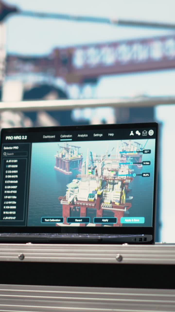 Vertical video Laptop on offshore platform with software used to identify system faults