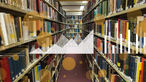 animation of spots and data processing with world map over books on shelves in library