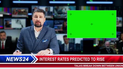 split screen tv news live report: anchor talks, reporting. reportage montage with picture in picture green screen. side by side chroma key display. television program channel playback. luma matte