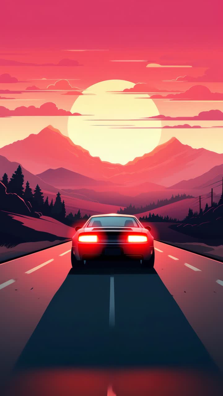 A retro-futuristic video concept with a low-angle view of a car driving into a vibrant sunset