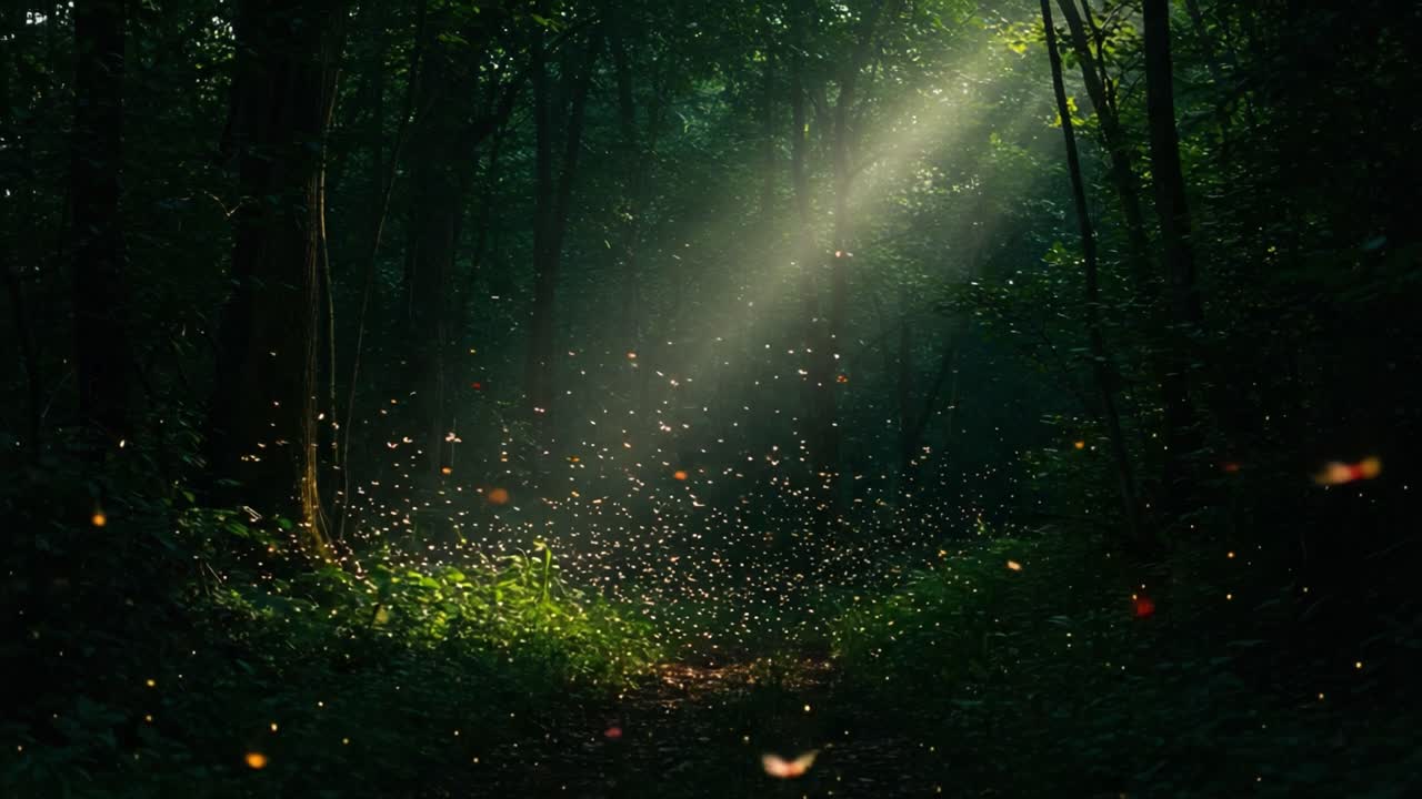 Enchanting Forest Scene Illuminated by Sunlight, with Magical Particles Dancing in the Air, Capturing the Beauty of Nature's Glow and Tranquility