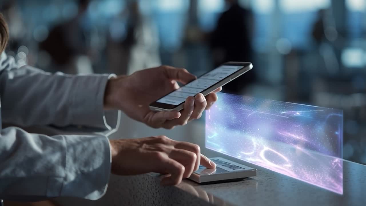 Person using smartphone with holographic display at a modern event