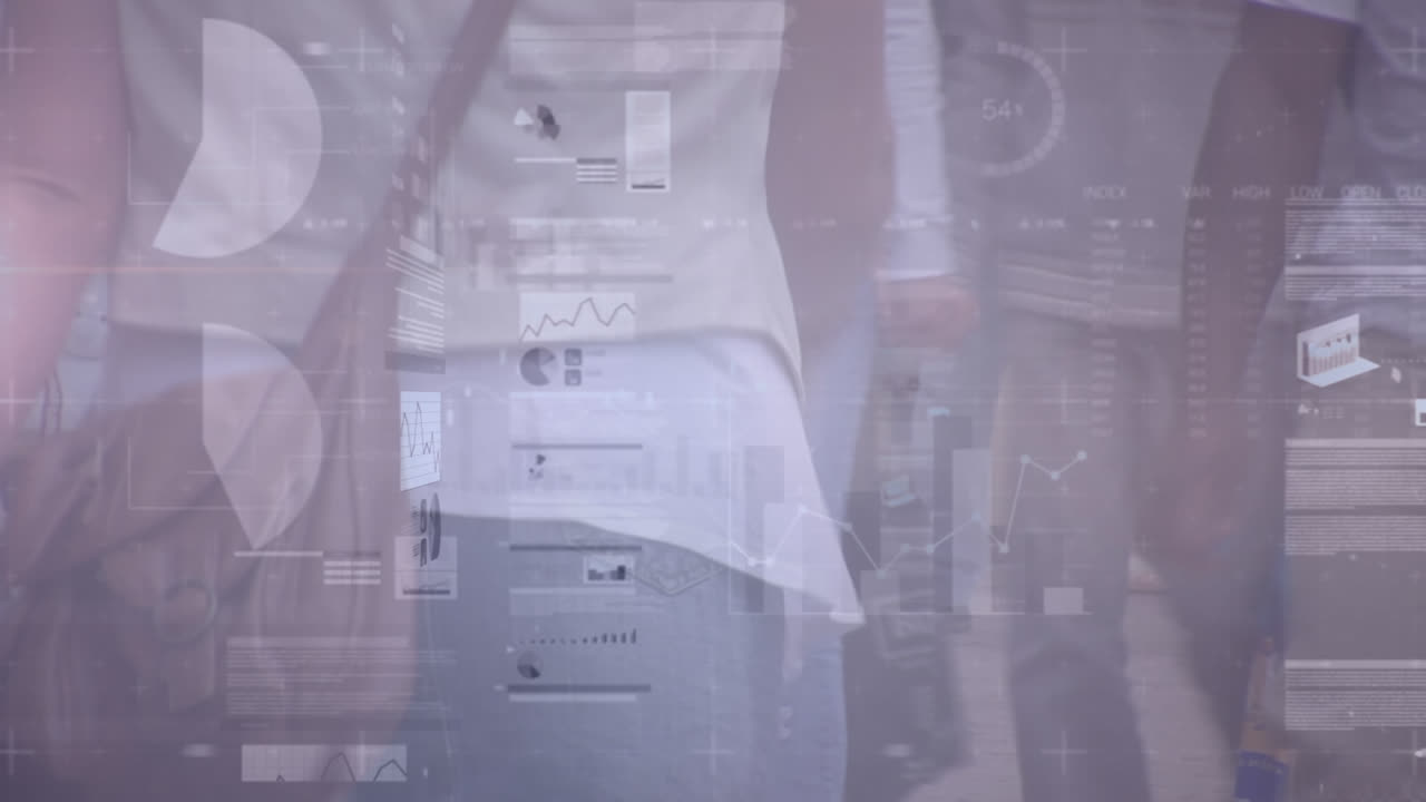 animación del procesamiento de datos estadísticos en el lapso de tiempo de la sección media de personas que caminan por la calle