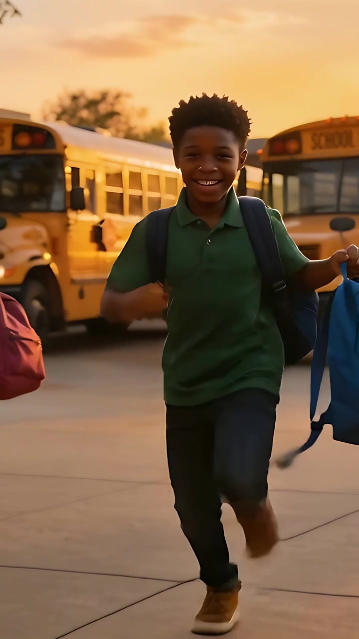 Vertical video: Running kid in green polo dashing to lens at bus lot, backpacks bouncing after exit