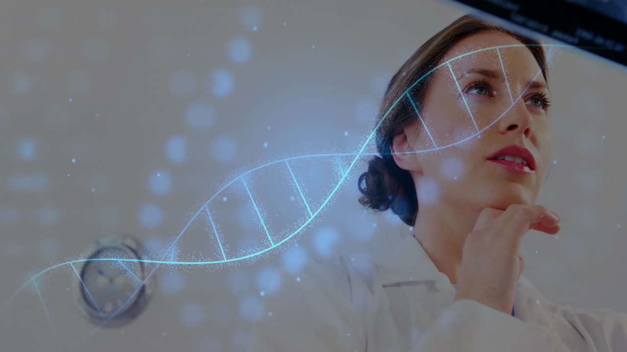 Woman wearing lab coat exploring medical lab space, with holographic DNA strand and glowing lights