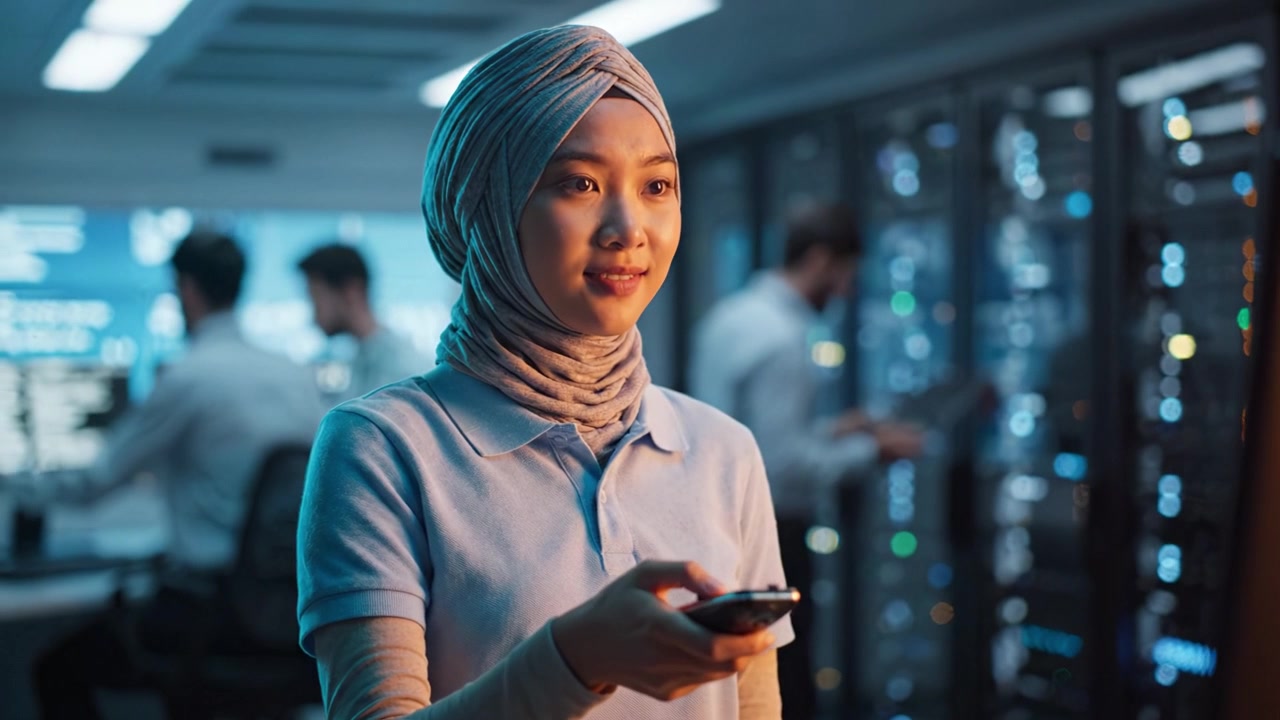 Seorang wanita yang fokus di lingkungan teknologi mengendalikan sistem dengan remote, menunjukkan inovasi dan kemajuan dalam manajemen digital dan pemantauan server.