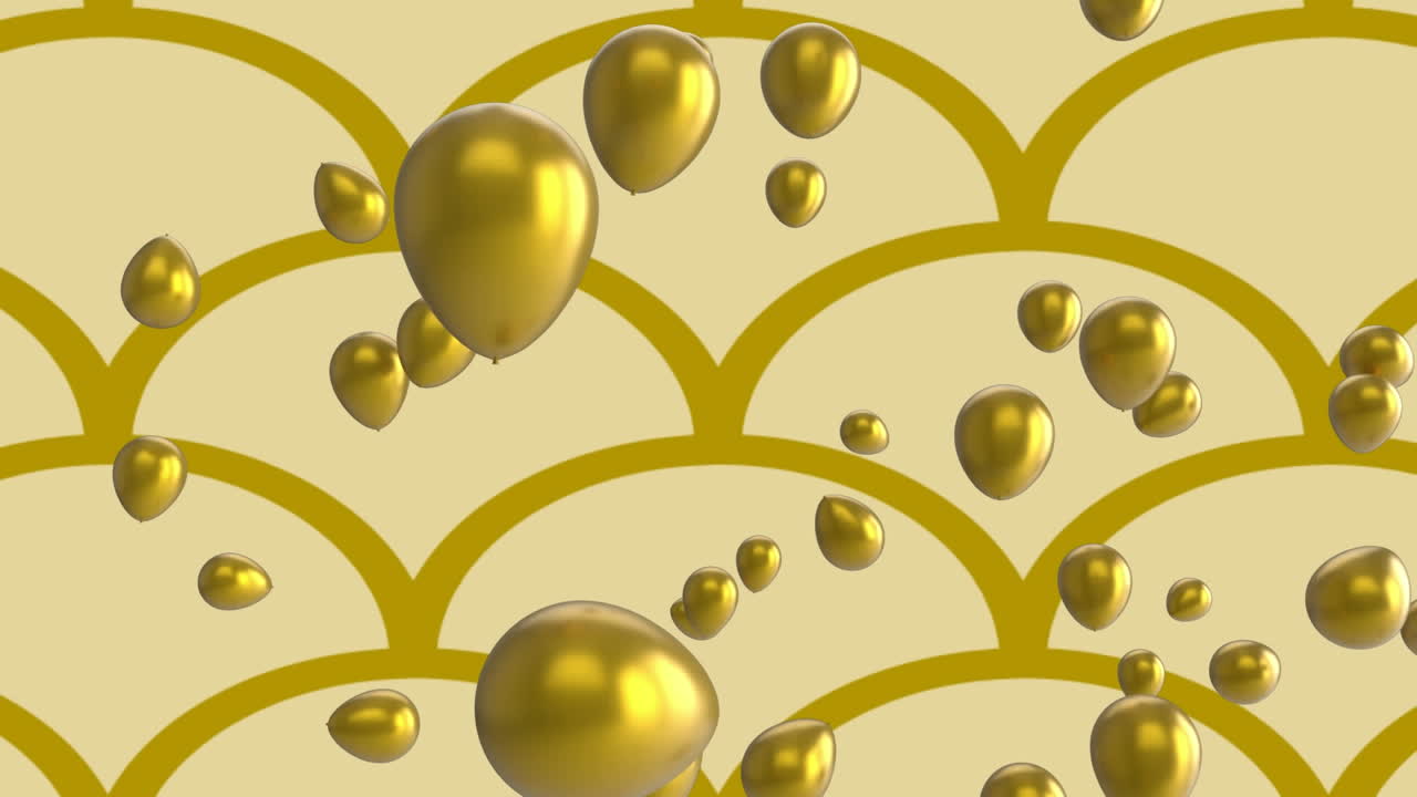 animación de globos de oro flotando en un patrón de curva dorada repetido sobre un fondo beige