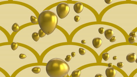 animación de globos de oro flotando en un patrón de curva dorada repetido sobre un fondo beige
