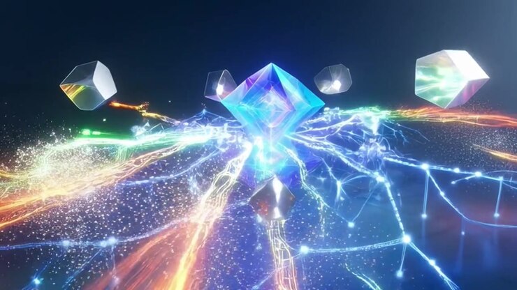 Abstract Digital Network with Glowing Geometric Shapes and Data Streams
