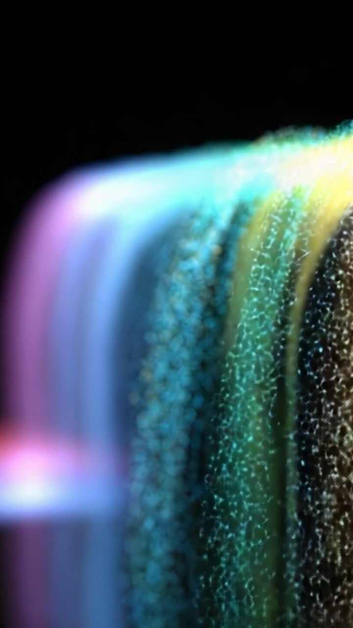 A mesmerizing cascade of colorful droplets, illuminated by vibrant lights, creating a stunning visual effect that captures the beauty of flowing water in darkness