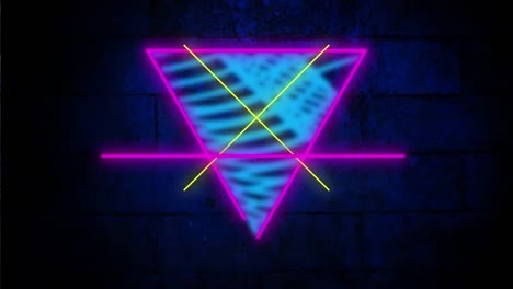 Digital-animation-of-neon-shapes-moving-against-blue-brick-wall-in-background