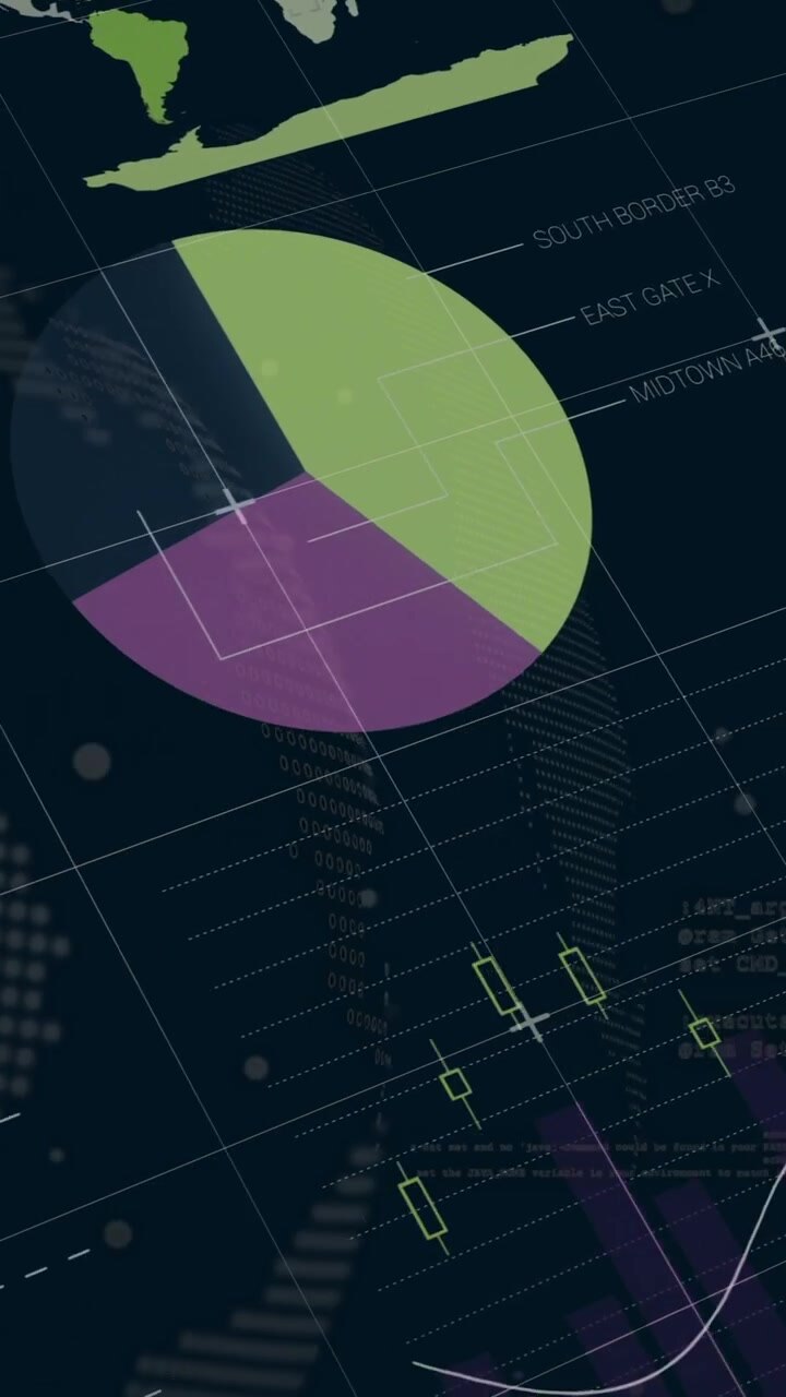 Displaying financial data analysis, pie charts and graphs over world map animation