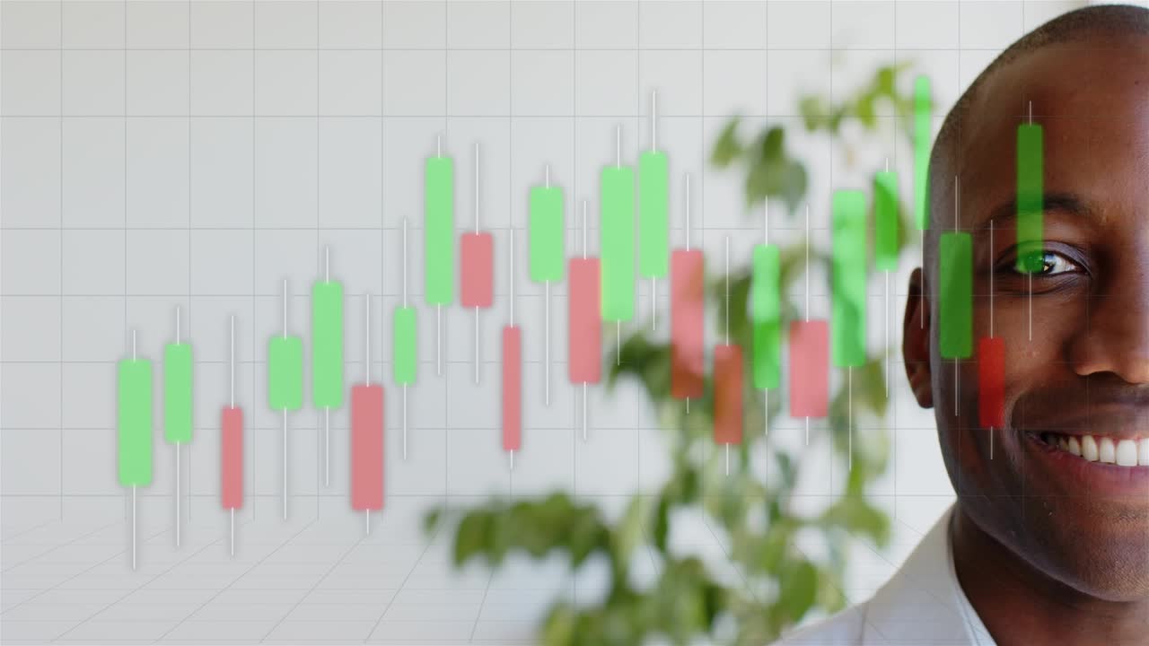 Camera panning, man revealing right profile in studio, candlestick overlay linking him to finance