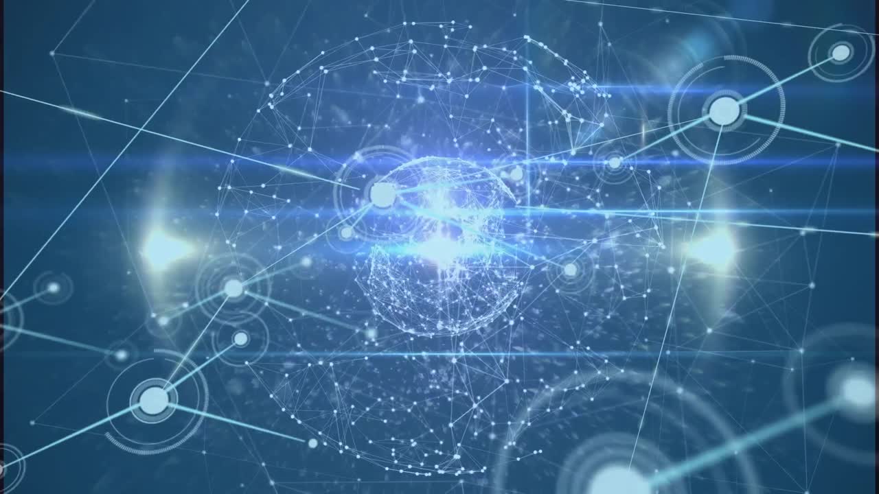 Animation of network of connections and light spots over globe against blue background