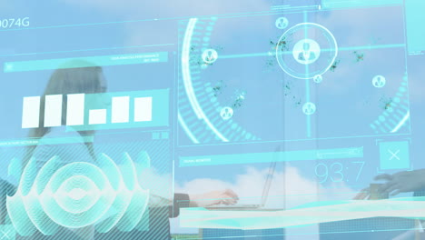 animation of scope scanning and data processing over diverse businesspeople in office