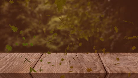 Animation-of-leaves-blowing-over-wooden-table-top-and-tree-tops