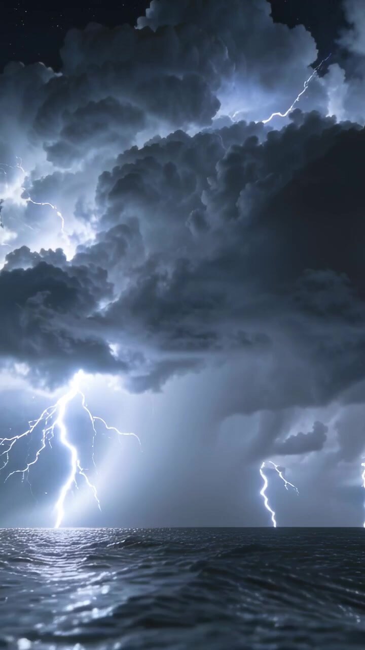 Video verticale: Un fulmine illumina una nuvola cumulonembo e si riflette sul mare notturno.