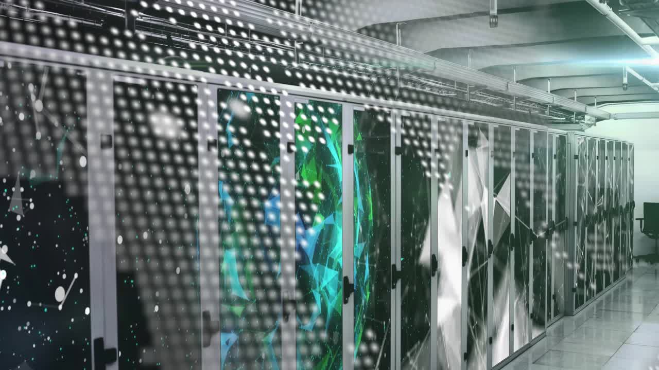 Diffuse dots initiating data flow along server cabinets pulsing mesh visualizing network links