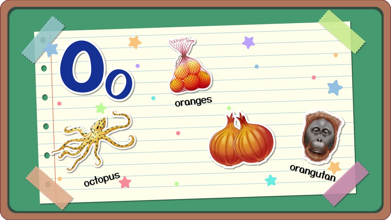 Lezione animata su lavagna che introduce la lettera O utilizzando vari animali e alimenti in sequenza.