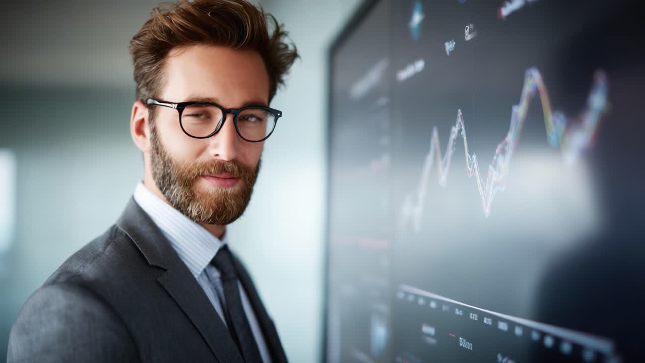 Confident Executive Analyzing Complex Data Trends on High-Tech Display in a Modern Office Environment, Showcasing Business Acumen and Strategic Insight