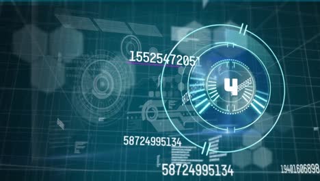 Animation-of-scopes-scanning,-numbers-changing-and-data-processing-over-digital-screen