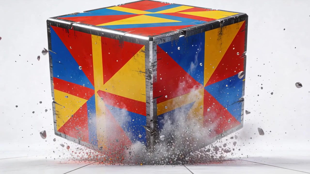 Rilascio di un cubo dipinto che colpisce un pavimento piastrellato in studio, sollevando polvere, frammenti e bordi metallici.