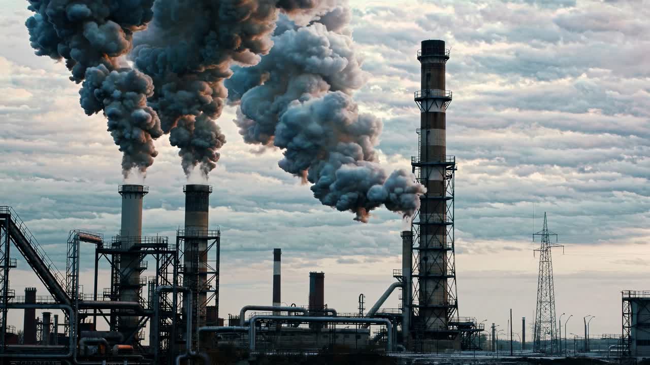 Video di un paesaggio industriale con una visuale grandangolare che cattura ciminiere che emettono fumo denso